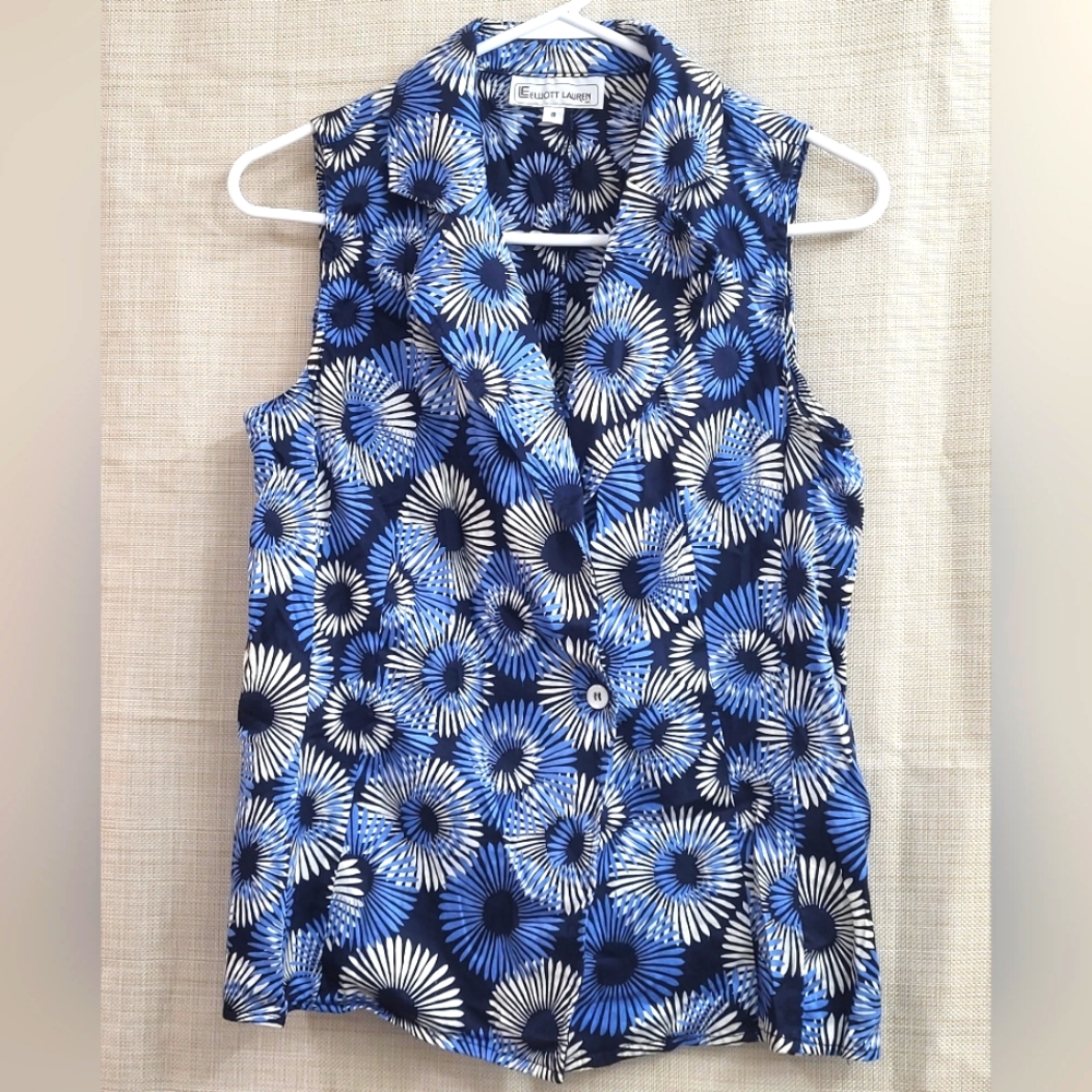 Elliott Lauren Navy Blue‎ White Floral Sleeveless Optional Tie Blouse Size 8 - Picture 2 of 8